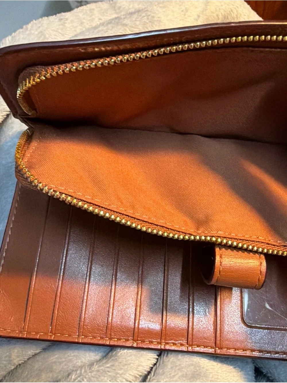 Coach Leather Zip Wallet in Cognac Brown with Gold Logo #58586
